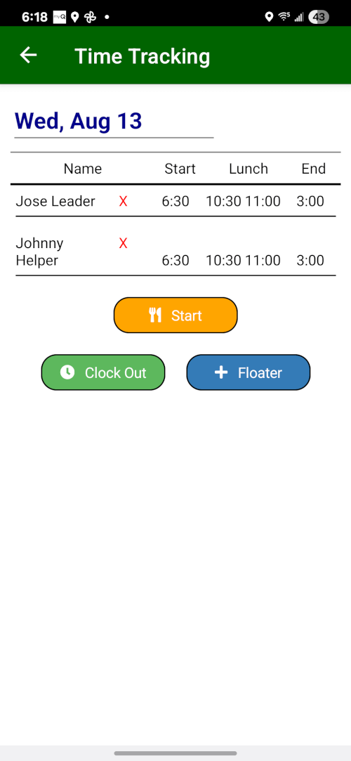A crew member using the Field Assistant app to easily clock in for the day.