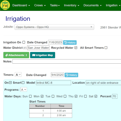 A dashboard showing centralized irrigation data, including timer settings and backflow locations.